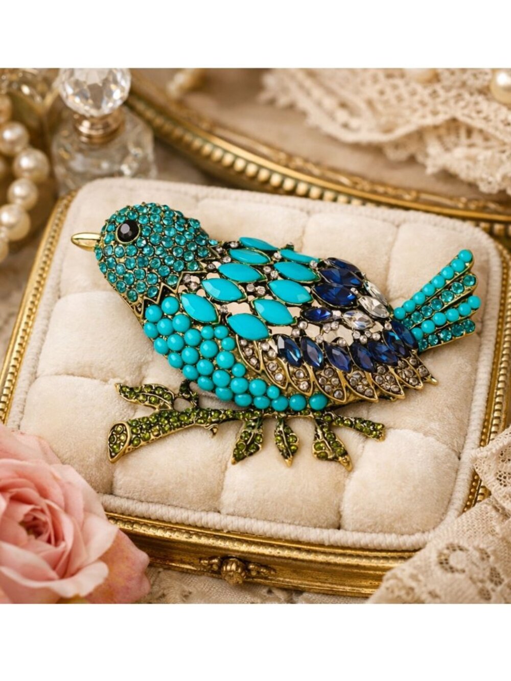 Oversize Blue Crystal Bird Brooch Pin Statement Jewelry